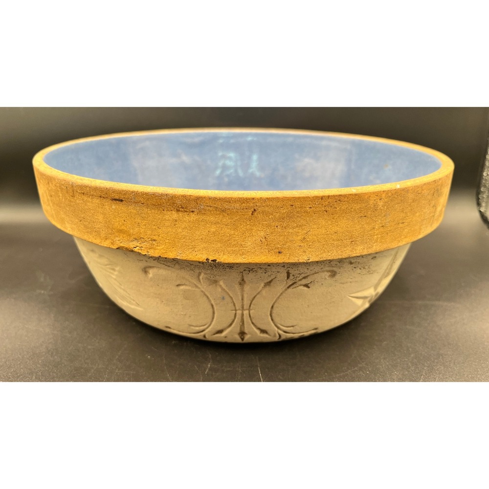 Antique Star Fire Clay Blue Glaze Stoneware Bowl Star Leaf Fleur De Lis Embossed